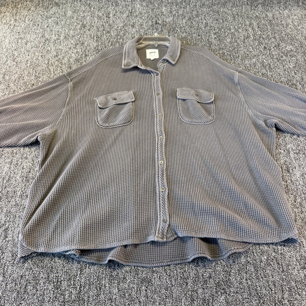 Aerie Lumber Jane Waffle Shirt Womens XL Smoked Gray Oversized Fit Button Up
